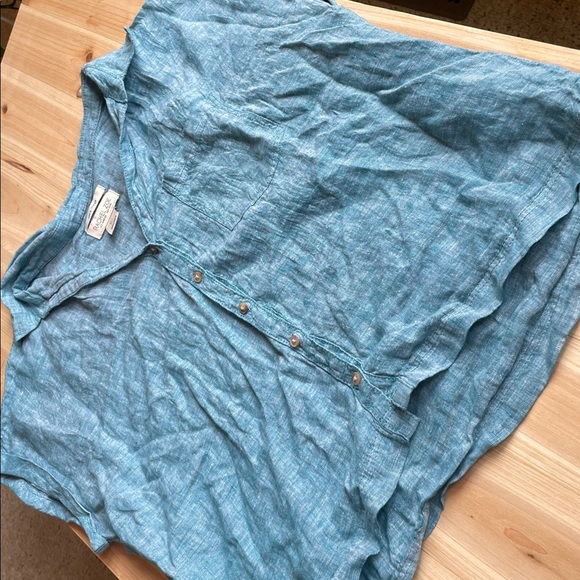 Rachel Zoe Pure Linen Teal Boxy Button-Up Beach Top - Picture 8 of 9